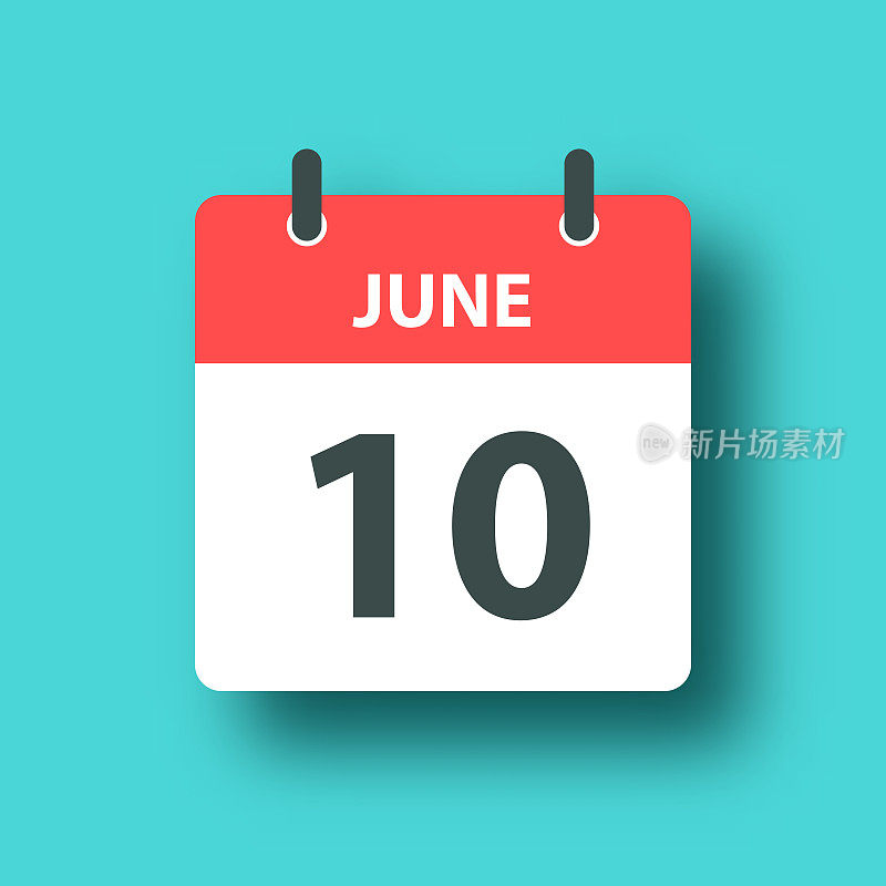 6月10日-每日日历图标在蓝色绿色背景与阴影