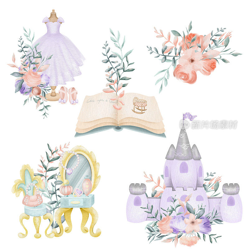 公主故事的水彩童话元素(书，紫色城堡，公主礼服)，孤立的插图在白色背景，婴儿沐浴女孩剪纸，生日剪纸