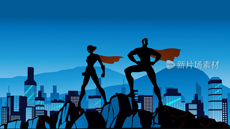 矢量超级英雄夫妇剪影站在悬崖上与城市景观背景股票插图