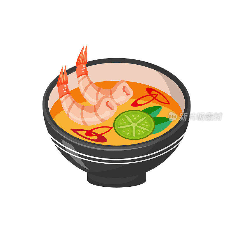 亚洲食品。冬阴汤，传统的辛辣亚洲汤。一盘食物和虾的特写