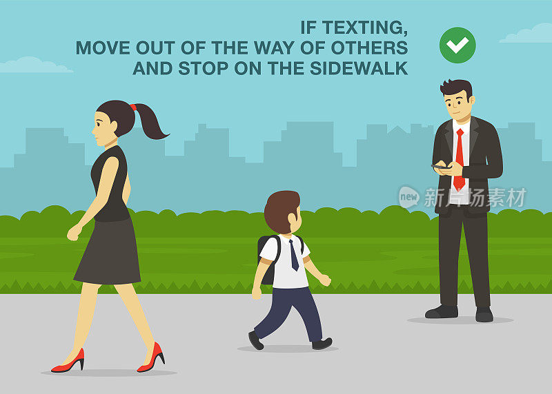 年轻的男性角色在人行道上使用手机。如果发短信，让开，停在人行道上。