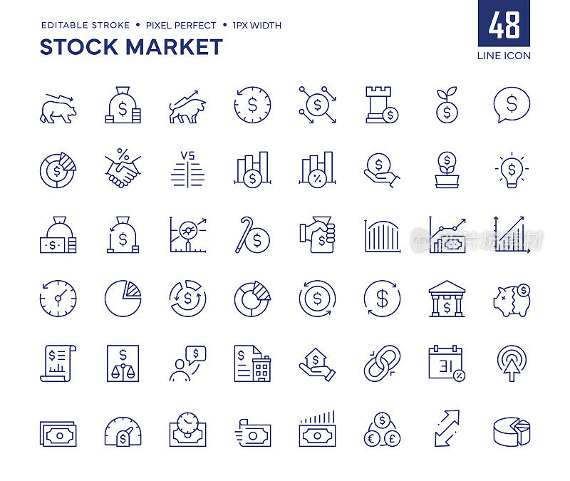 股票市场线图标集包含财务，预算，年度报告，衰退，熊市，牛市，赚钱，交易等图标。