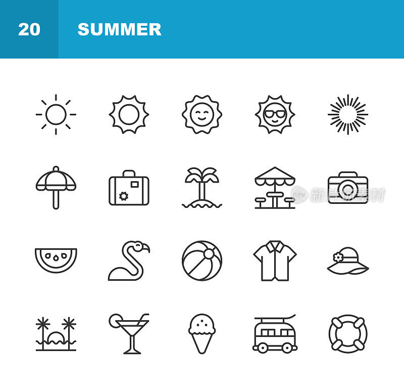 夏季系列图标。可编辑的中风。像素完美。移动和网络。包含诸如Abs，海滩，自行车，邮轮，折扣，潜水，饮料，烧烤，帽子，冰淇淋，岛屿，救生圈，汽车之家，棕榈树，船，海星，冲浪，热带。