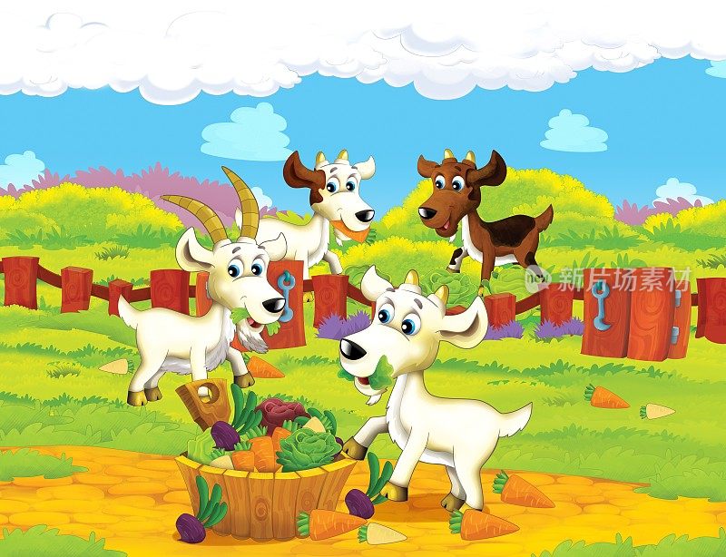 卡通场景-农场生活-山羊一家吃晚餐-蔬菜-儿童插图