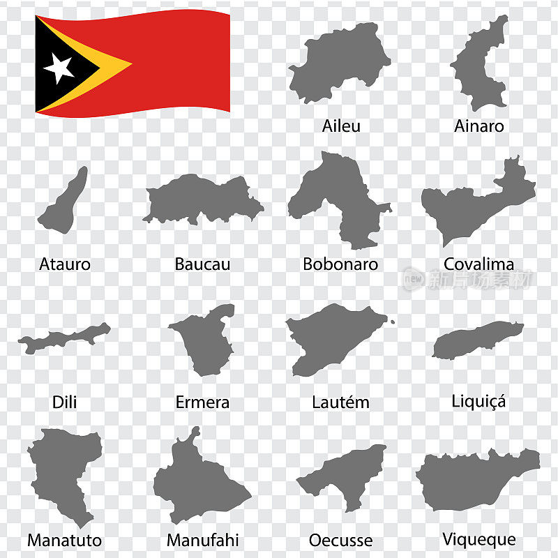 十四幅东帝汶地图-按名字字母顺序排列。每一张省的地图都有文字和标题。东帝汶民主共和国。每股收益10。