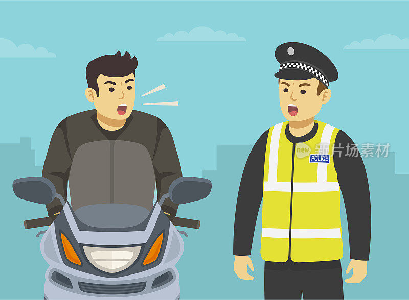 警察让一个没有戴头盔的摩托车手靠边停车。交警和摩托车手互相嚷嚷。