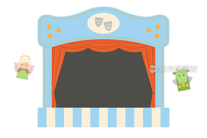 白色背景的儿童木偶剧。剧院的舞台，红色的窗帘和深色的背景。平的风格