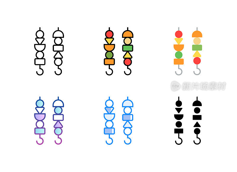 烧烤棒图标。6不同的风格。可编辑的中风。