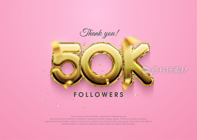 5万粉丝设计，社交媒体帖子的问候用奢华的金色数字。奖励矢量背景成就庆祝设计。