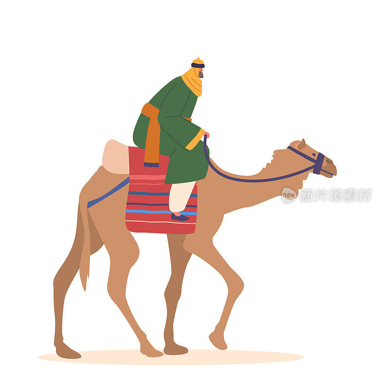 贝都因人骑着骆驼穿越白色背景的沙漠。冒险概念，沙漠的象征