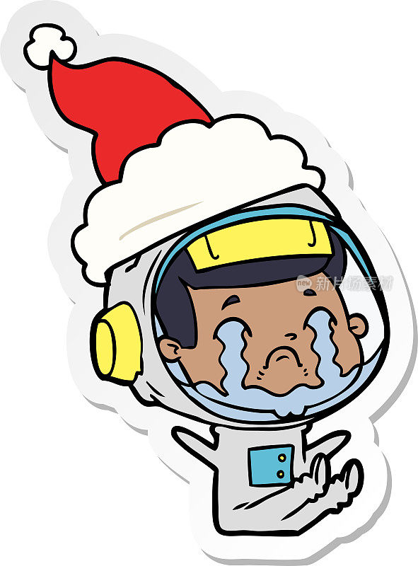 一个带着圣诞帽哭泣的宇航员的手绘贴纸漫画
