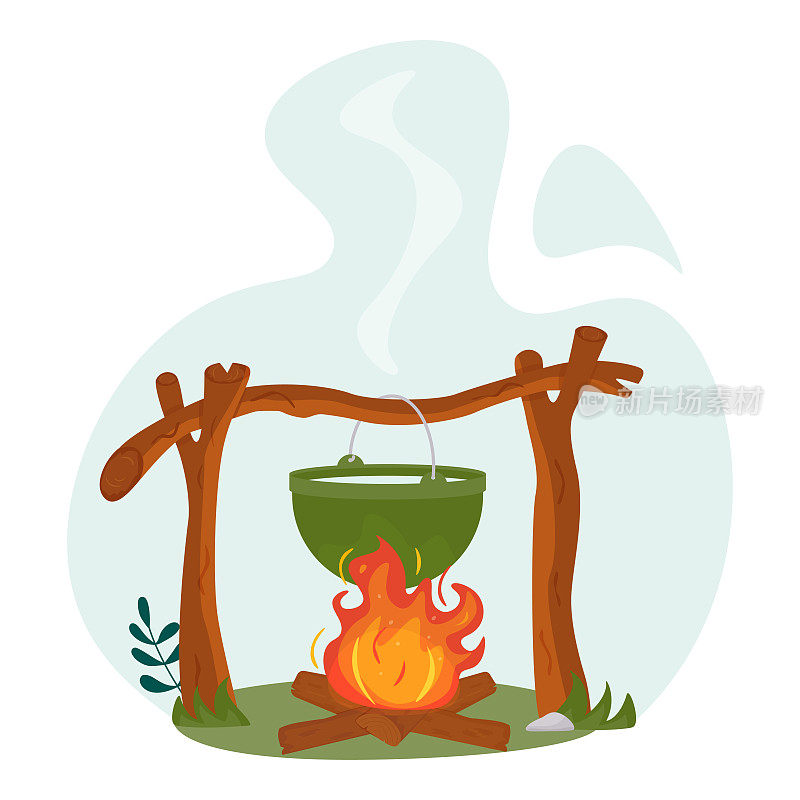在野外做饭。森林里火上的一个锅。旅行时在营火上做饭。概念旅行，徒步旅行和冒险。平面样式的矢量插图。孤立。