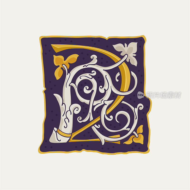 2标志。二号滴帽，中世纪首字母，金色纹理和白色藤蔓。文艺复兴书法会徽。