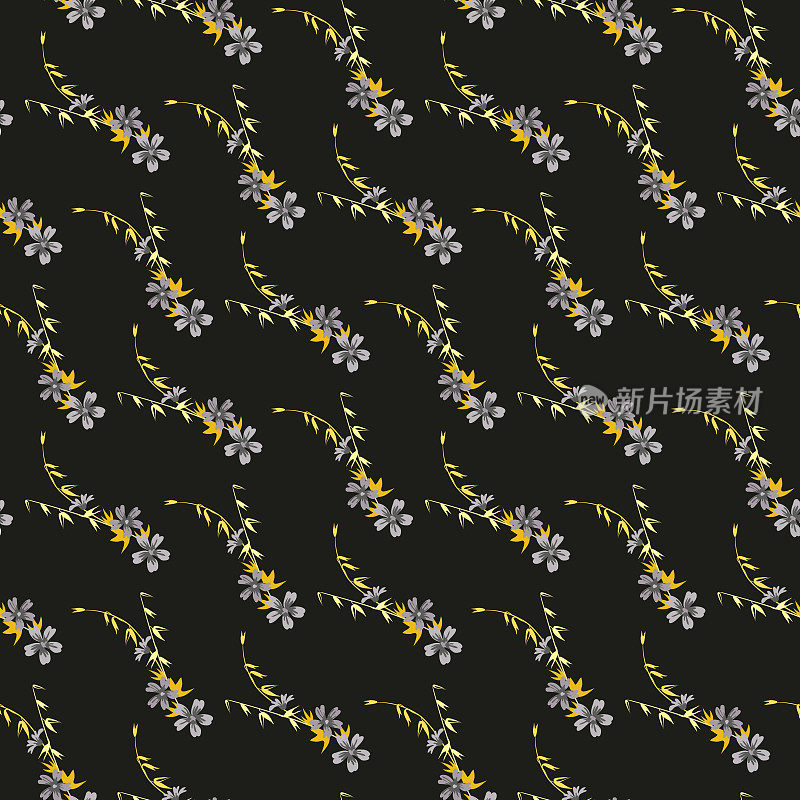 矢量无缝花卉图案在一个黑色的背景与小灰灯，黄色圆锥花序。用于织物图案、墙纸、包装纸等