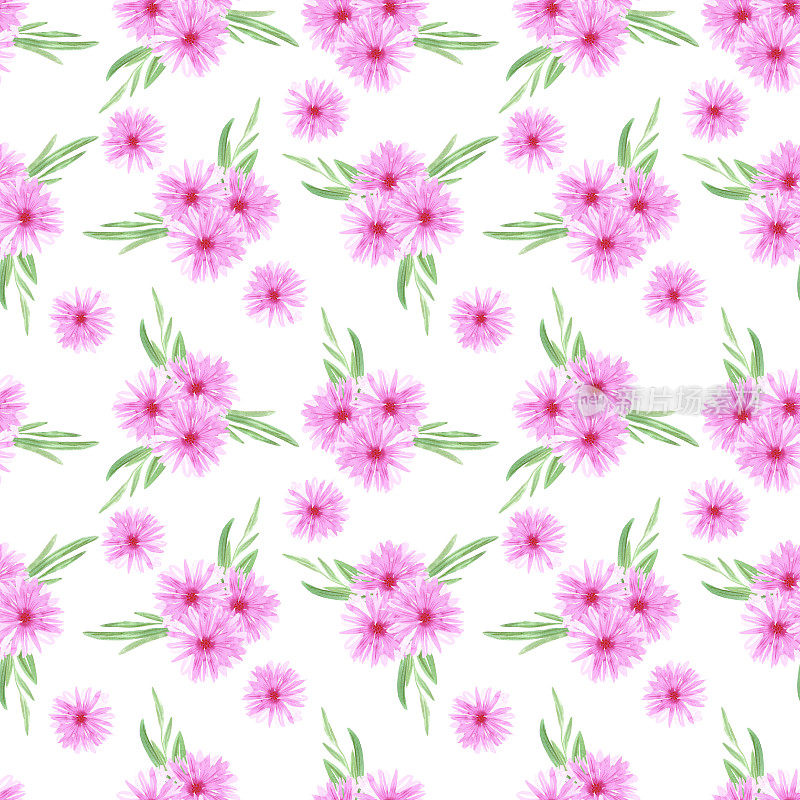 手绘水彩粉红色抽象雏菊花束无缝图案在白色的背景。礼品包装，纺织品，织物，墙纸。