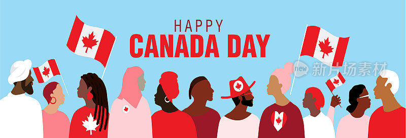 快乐加拿大日问候网页横幅设计模板的人群挥舞着加拿大国旗
