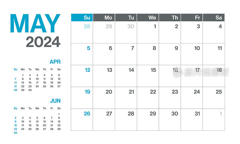 2024年5月-每月季度日历。极简风格的景观水平日历2024年。向量模板。这一周从星期一开始