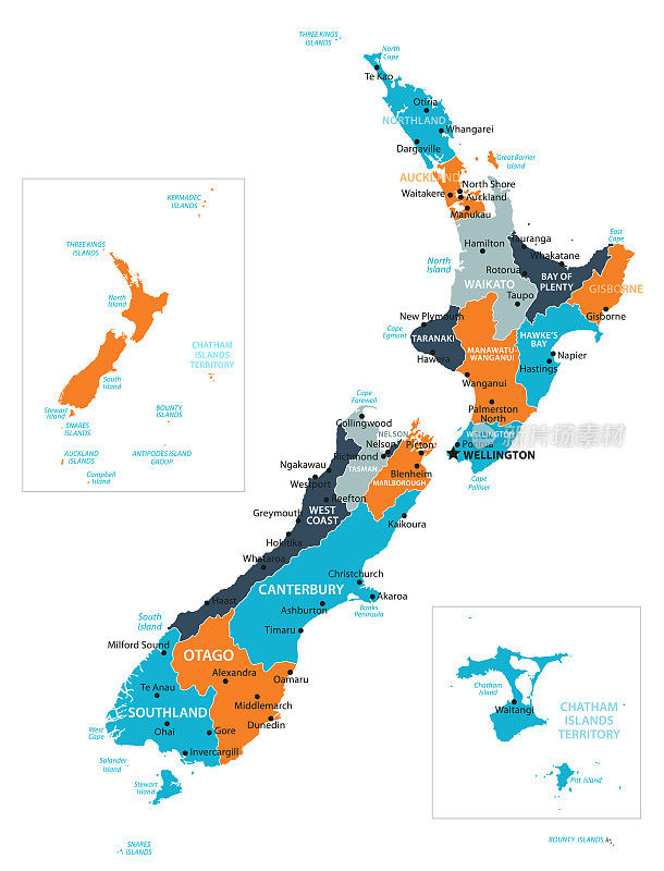新西兰地图。新西兰矢量彩色地图