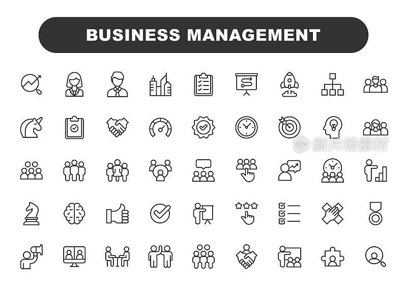 业务管理线图标。可编辑的中风。包含商业策略、头脑风暴、领导力、绩效、沟通、计划、设定目标、评估、人力资源等图标。