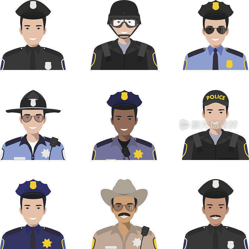 不同的警察角色，头像，图标设置在平面风格。向量。