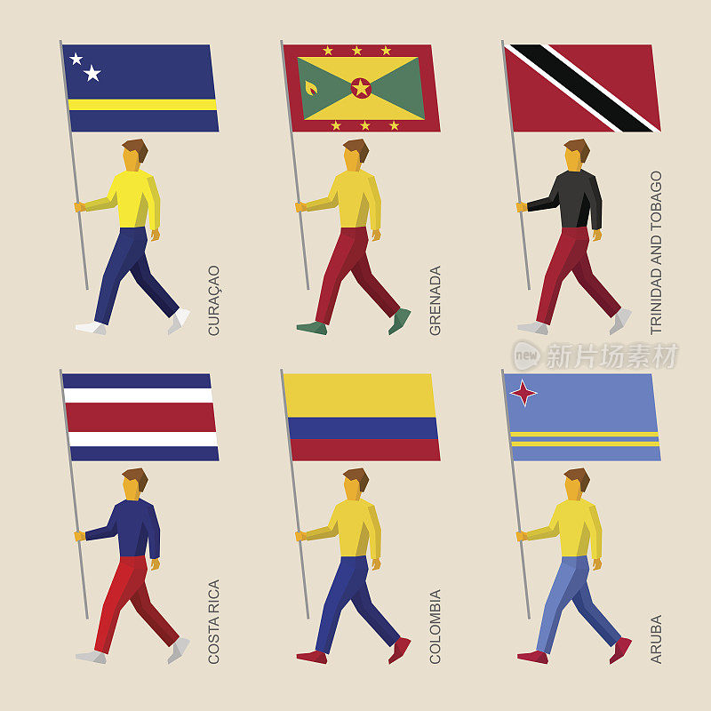 手持旗帜的人们:库拉索岛、格林纳达、特立尼达和多巴哥、科斯塔