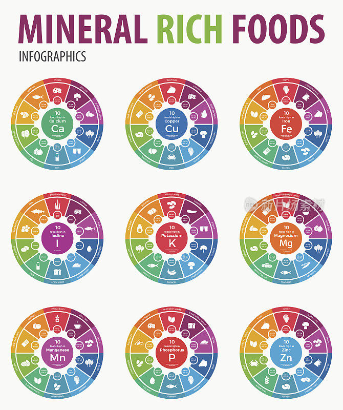 矿物质丰富的食物信息图表。矢量插图。
