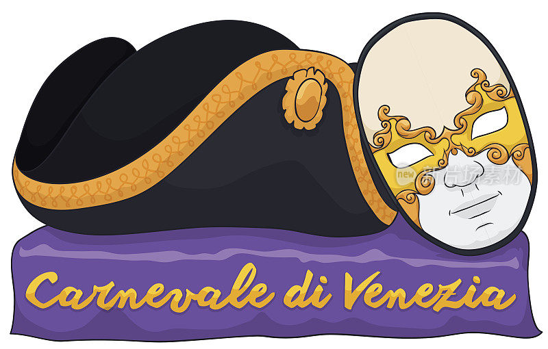 威尼斯嘉年华的传统男性Volto面具和Tricorn