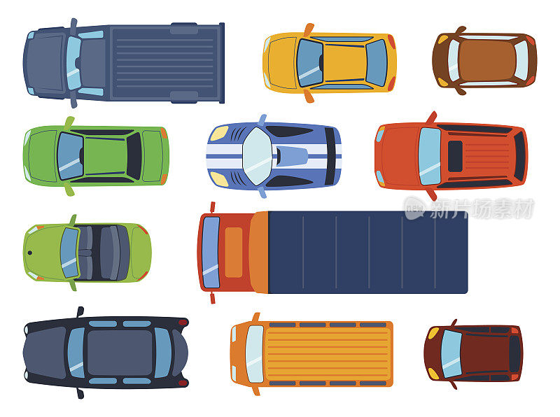 俯视图彩色汽车玩具不同的皮卡汽车运输和收集车轮运输设计矢量插图