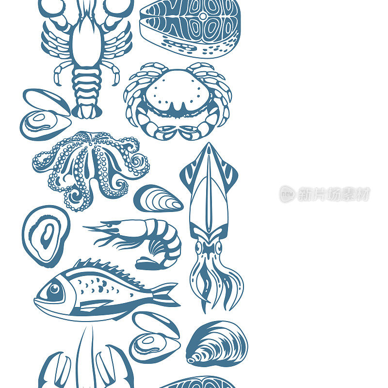 无缝模式与各种海鲜。鱼，贝类和甲壳类的插图