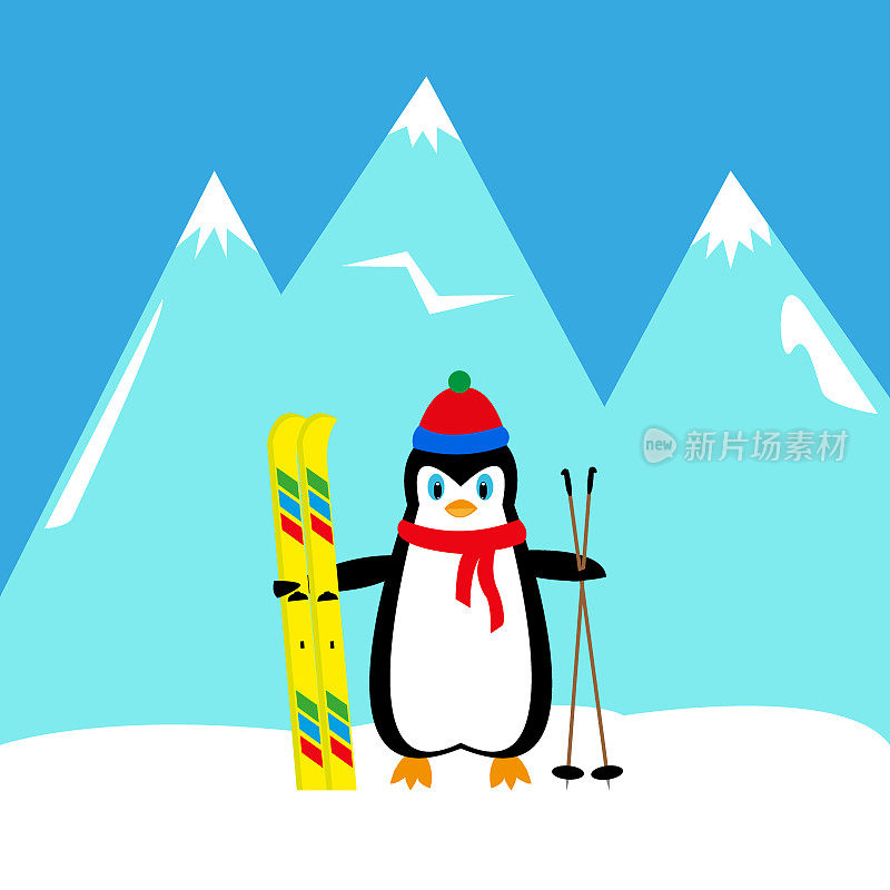 卡通企鹅滑雪
