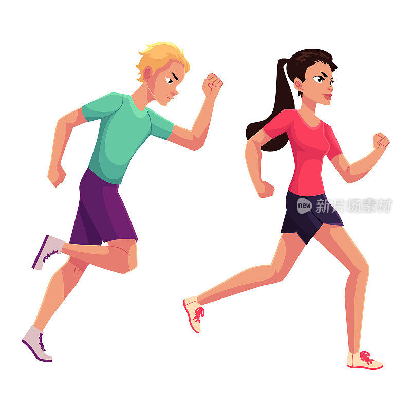 一对跑步者，短跑者跑步，比赛，竞争，健康的生活方式概念