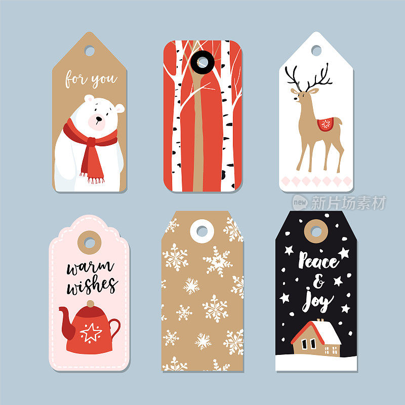 复古圣诞礼物标签集。手绘标签桦树，鹿，北极熊和茶壶。孤立的矢量插图对象