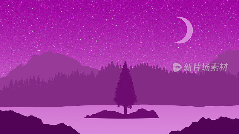 山湖夜景与星星，新月和红杉林
