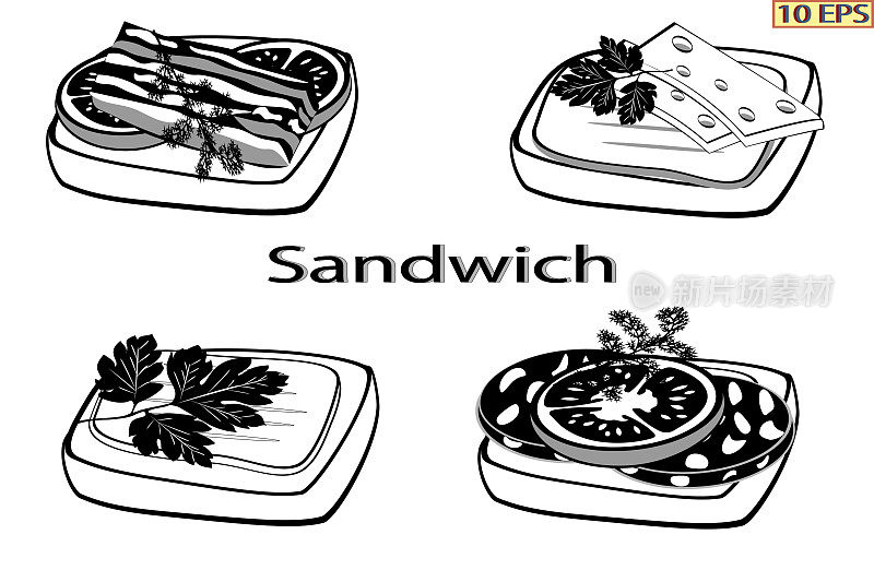 三明治配黄油，香肠，奶酪，西红柿，欧芹。黑色的图标。美味的香肠三明治。早餐吃新鲜的三明治。切片面包配香肠和奶酪。