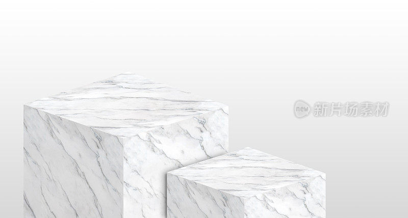 产品展示架由白色光滑大理石制成，两步复制空间用于内容设计或替换您的背景，横幅用于网站广告产品，3d渲染