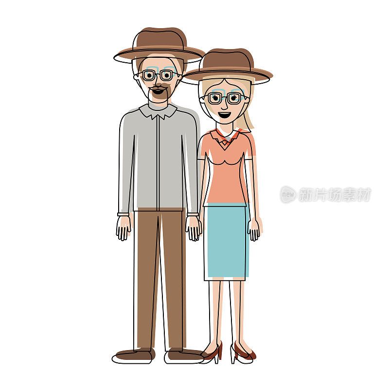 一对夫妇穿着水彩画的剪影，两人都戴着帽子和眼镜;他留着山羊胡，穿着衬衫、裤子和鞋子;她穿着衬衫、裙子和高跟鞋，梳着马尾辫