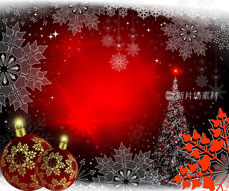 圣诞的红色背景与圣诞树和球与金色的雪花