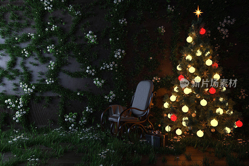 装饰圣诞树和摇椅在草覆盖的房间