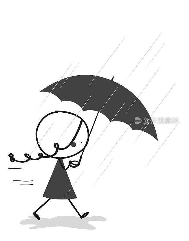 嘟嘟在倾盆大雨中撑着伞