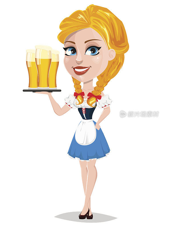 慕尼黑啤酒节矢量插图与性感红发女孩持有托盘与三杯啤酒。卡通人物半转身站着。