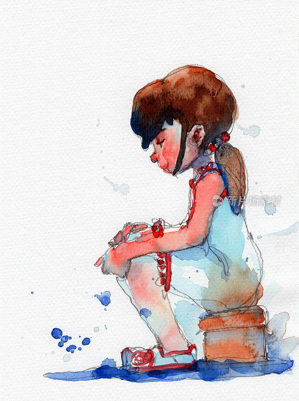 水彩画插图的女孩在白色苗族服装，手绘在纸上
