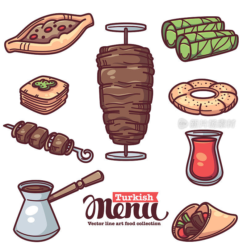 传统的土耳其食物，线条艺术收藏品为您的菜单