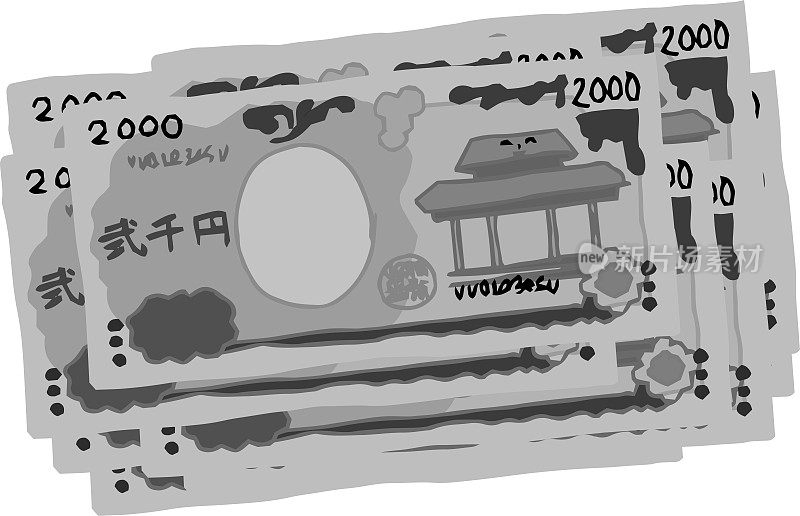 黑白可爱手画2000日元钞票