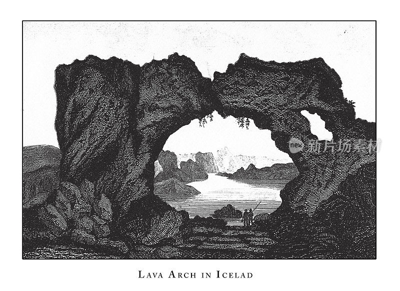 冰岛的熔岩拱门，洞穴，冰山，熔岩和岩层雕刻古董插图，1851年出版