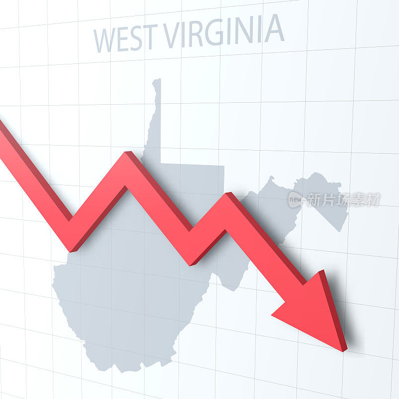 落下的红色箭头与西弗吉尼亚州的地图在背景上