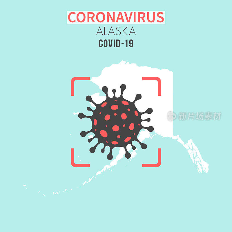 阿拉斯加地图，红色取景器中有冠状病毒细胞(COVID-19)