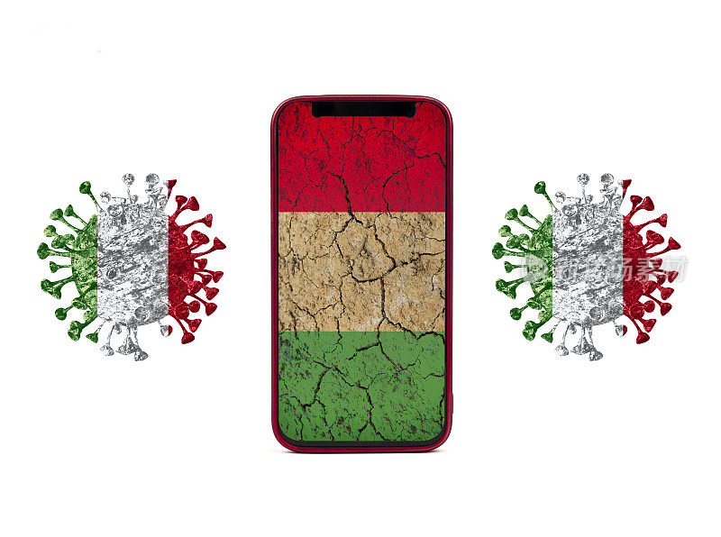 意大利-冠状病毒病COVID-19手机屏幕世界旗帜病毒隔离在白色背景