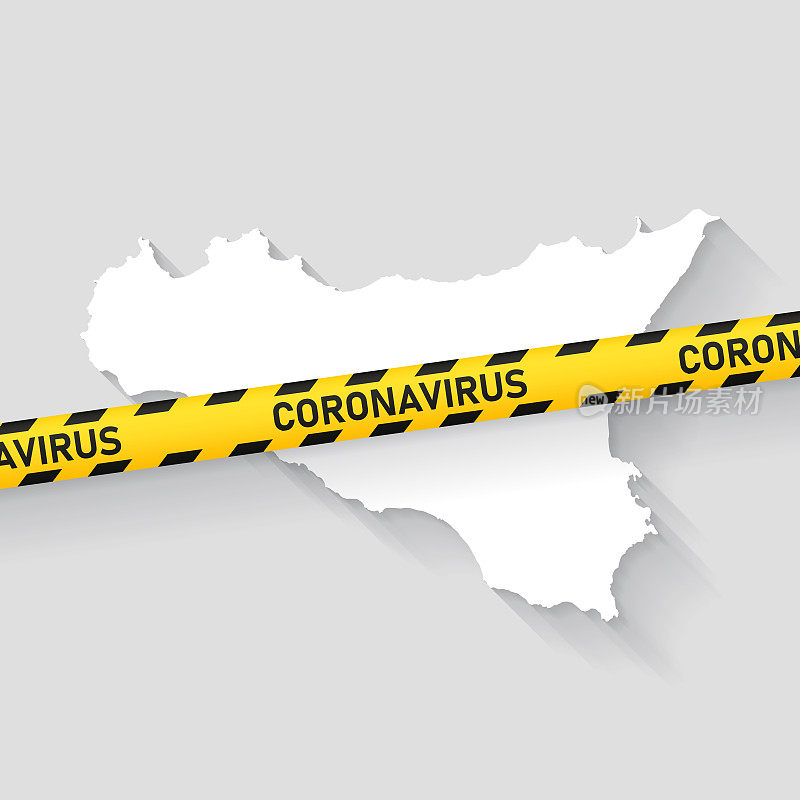 西西里地图与冠状病毒警告胶带。Covid-19爆发
