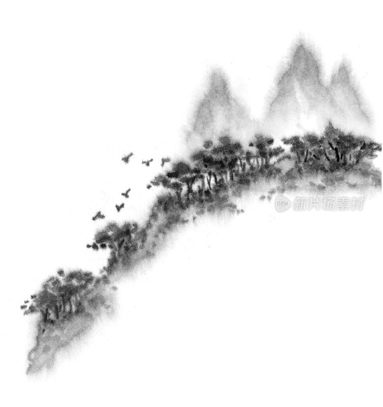 山景在雾中。山坡上。山水一山一水由墨。中国的水墨画。东方，日本，中国风格。光栅股票组成。