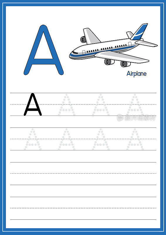 矢量插图的蓝色商业飞机孤立在白色的背景。用大写字母A作为教学媒体，供儿童识别英文字母或供儿童学习写字母。